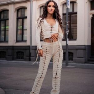 Stylish Cream Lace-Up Women's Pants